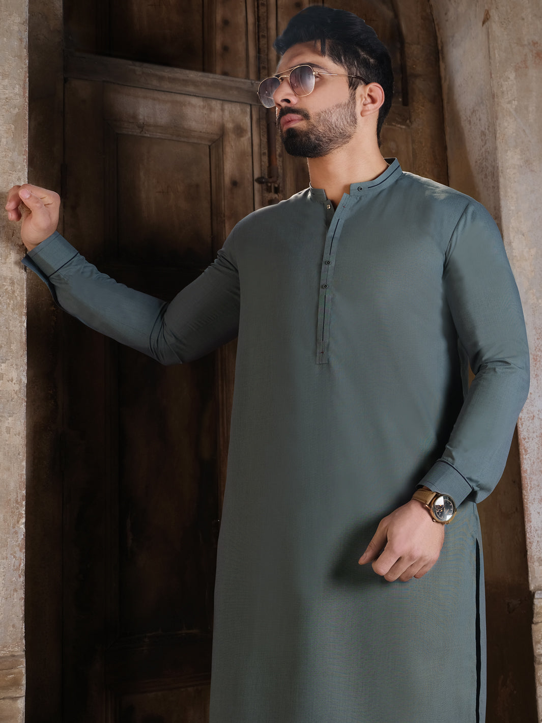 Teal Grey Blended Kameez Shalwar - AL-KS-2524