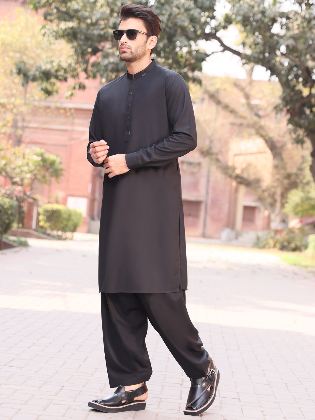 Kurta Shalwar Slim Fit Shalwar Kameez Mens Black Blended Kameez