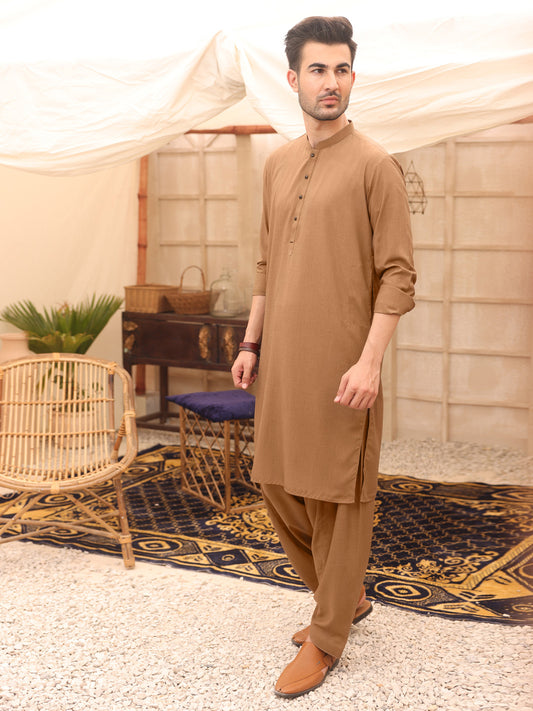 Light Brown Blended Kameez Shalwar - AL-KS-2615