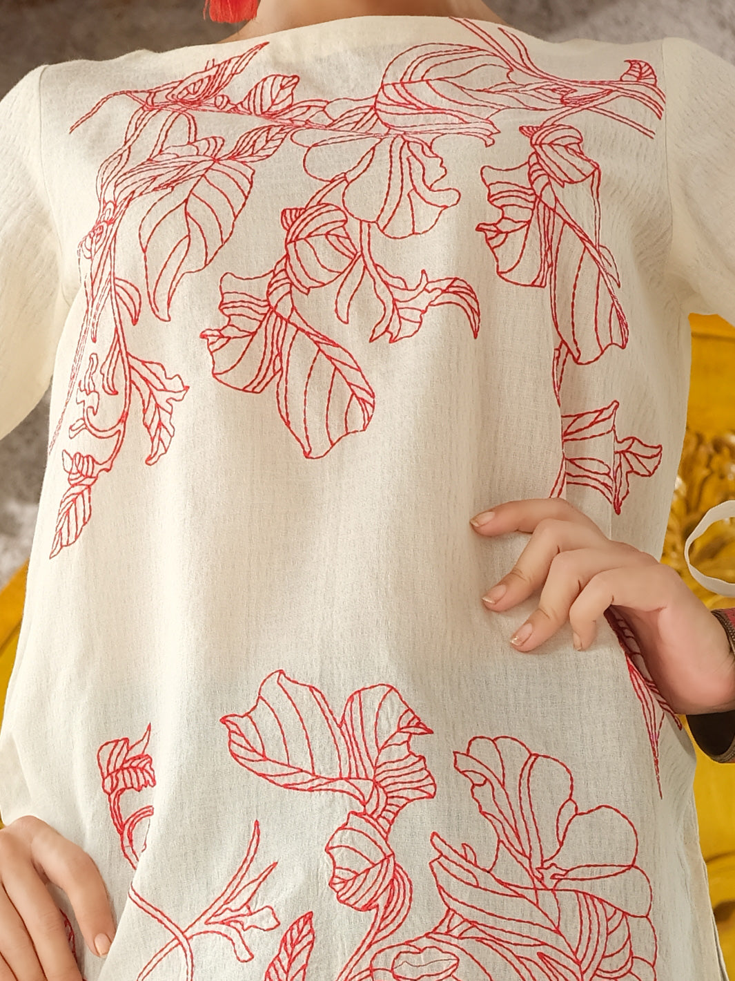 Off White Cotton/Dobby Net Tunic - AL-LK-722