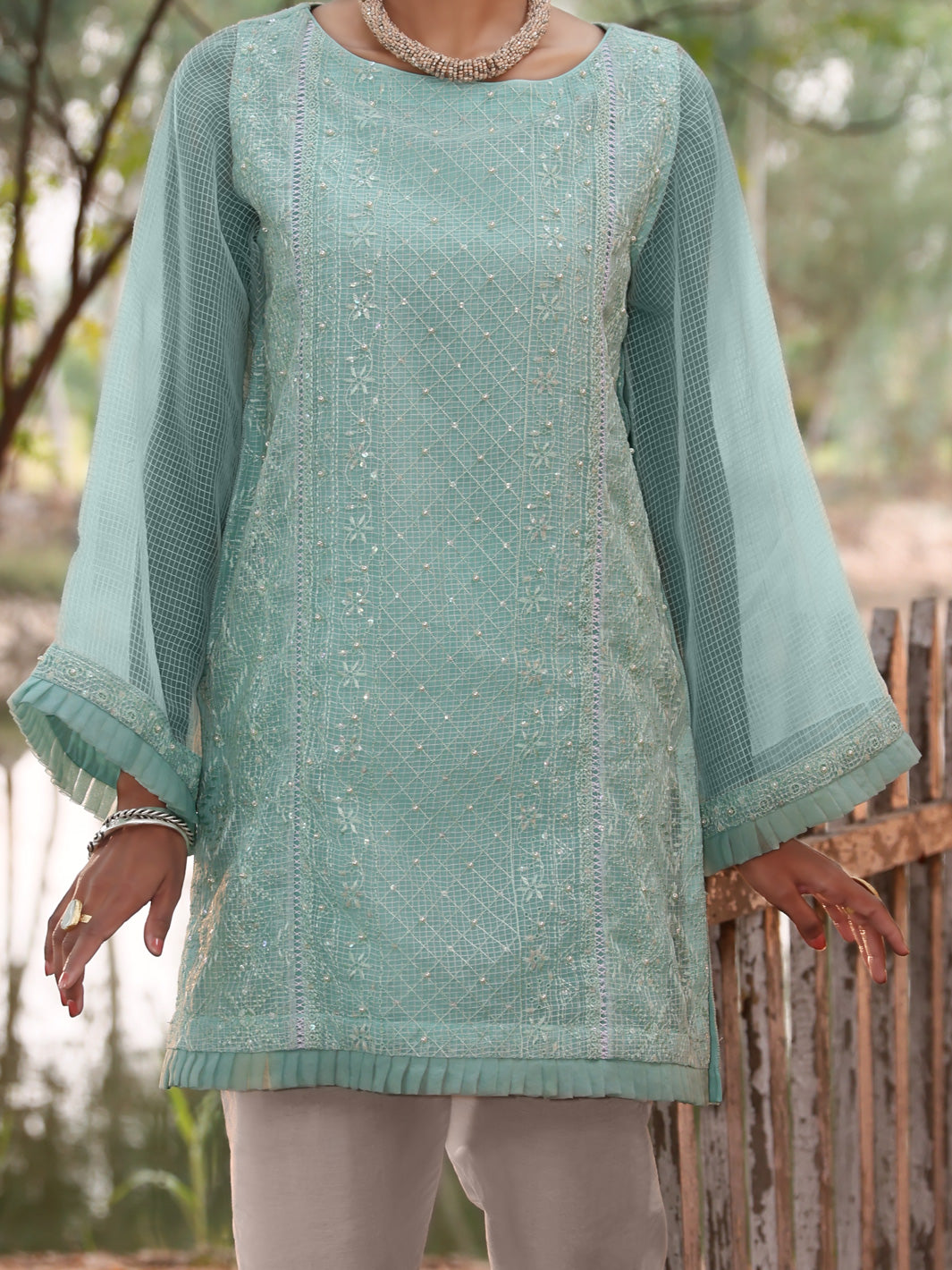 Sea Green Khaddi Net Tunic - AL-LK-780