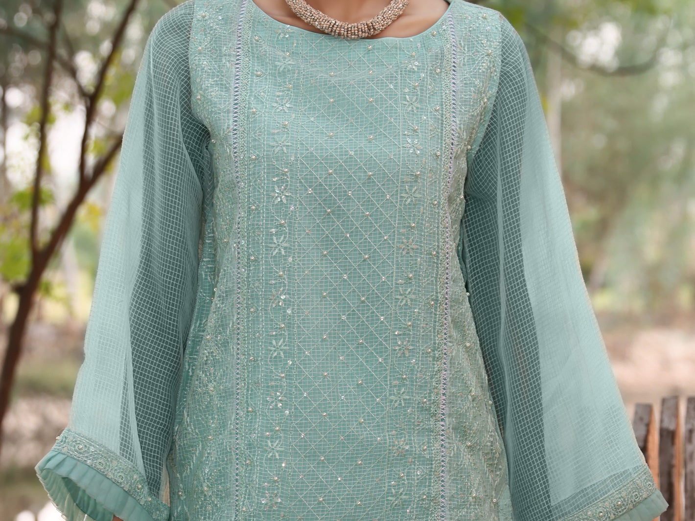 Sea Green Khaddi Net Tunic - AL-LK-780