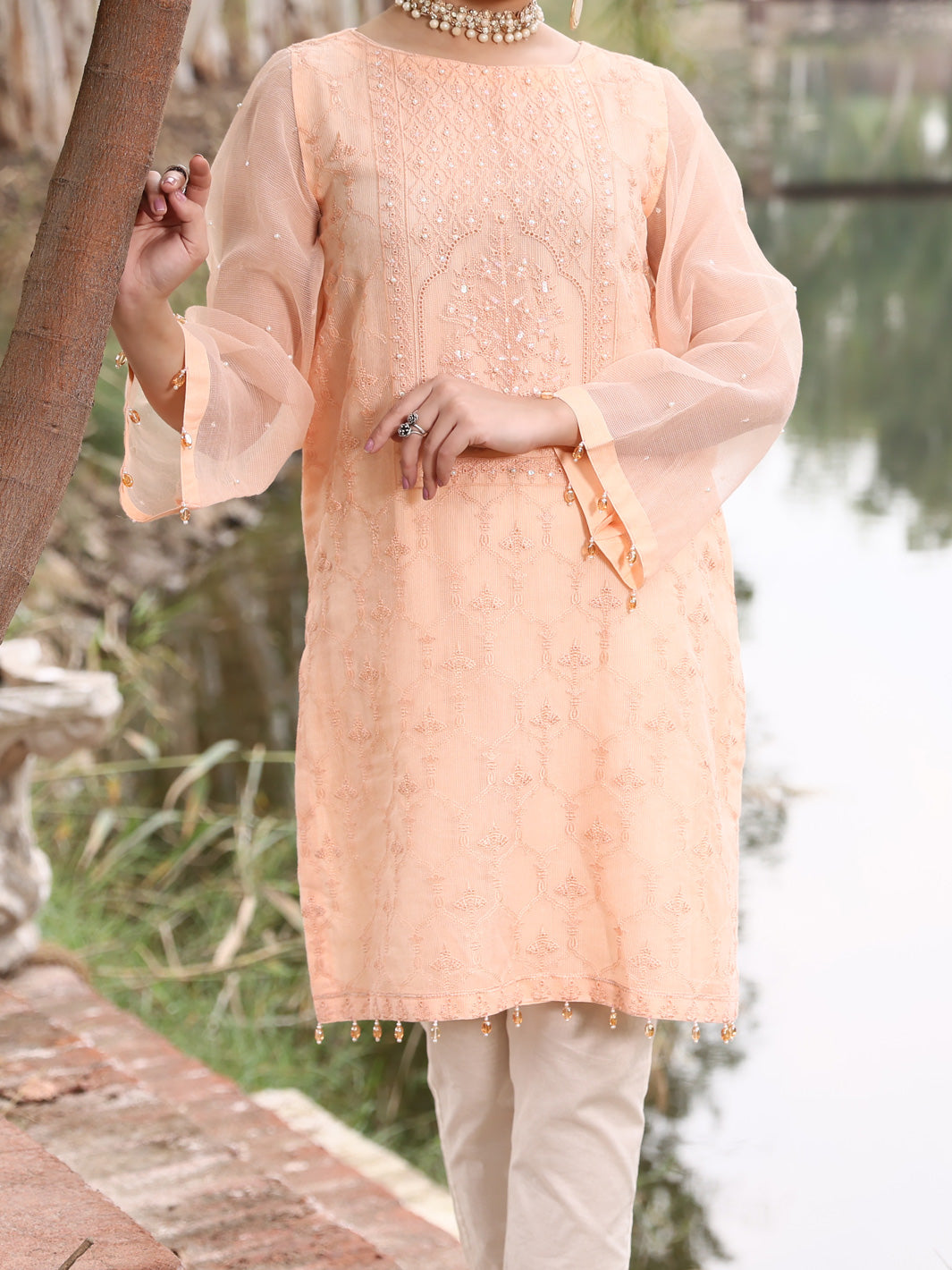 Peach Khaddi Net Tunic - AL-LK-781