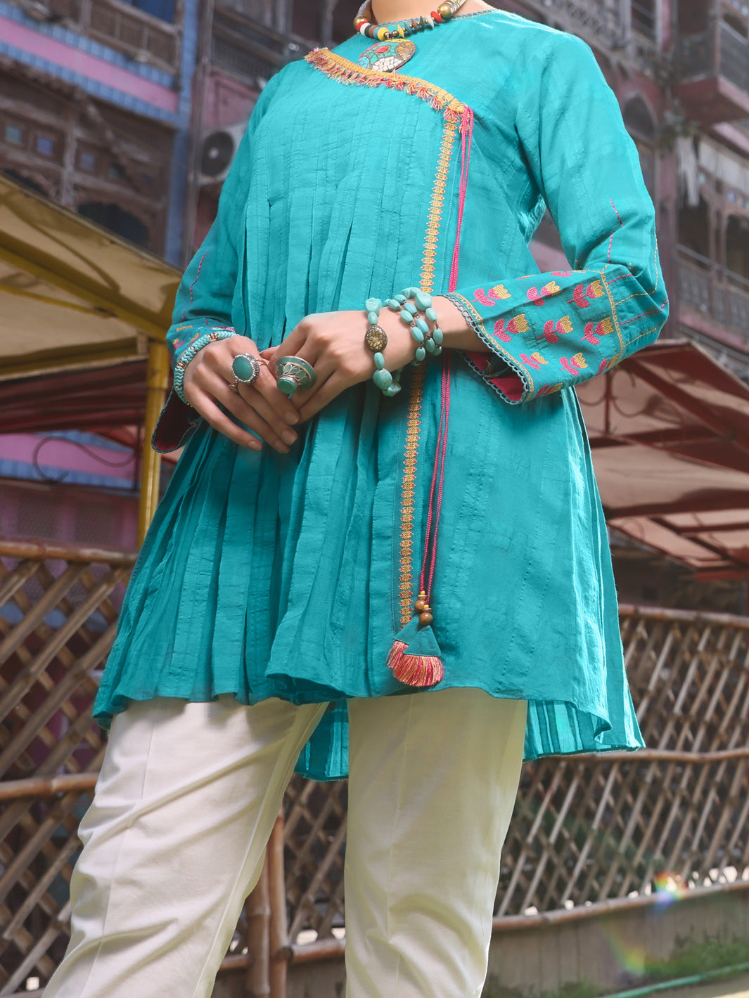 Turquoise Dobby Cotton Tunic - AL-LK-791