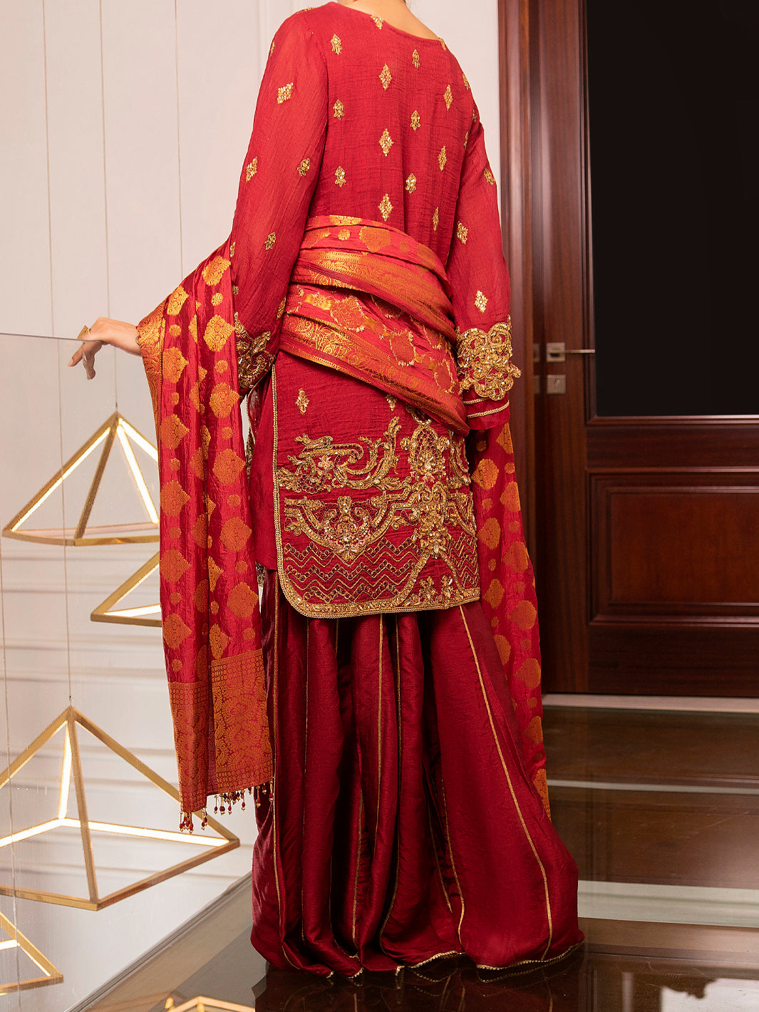 Red Cotton Masori 3Pc Formal Unstitched - AL-3PS-LS-UN-345