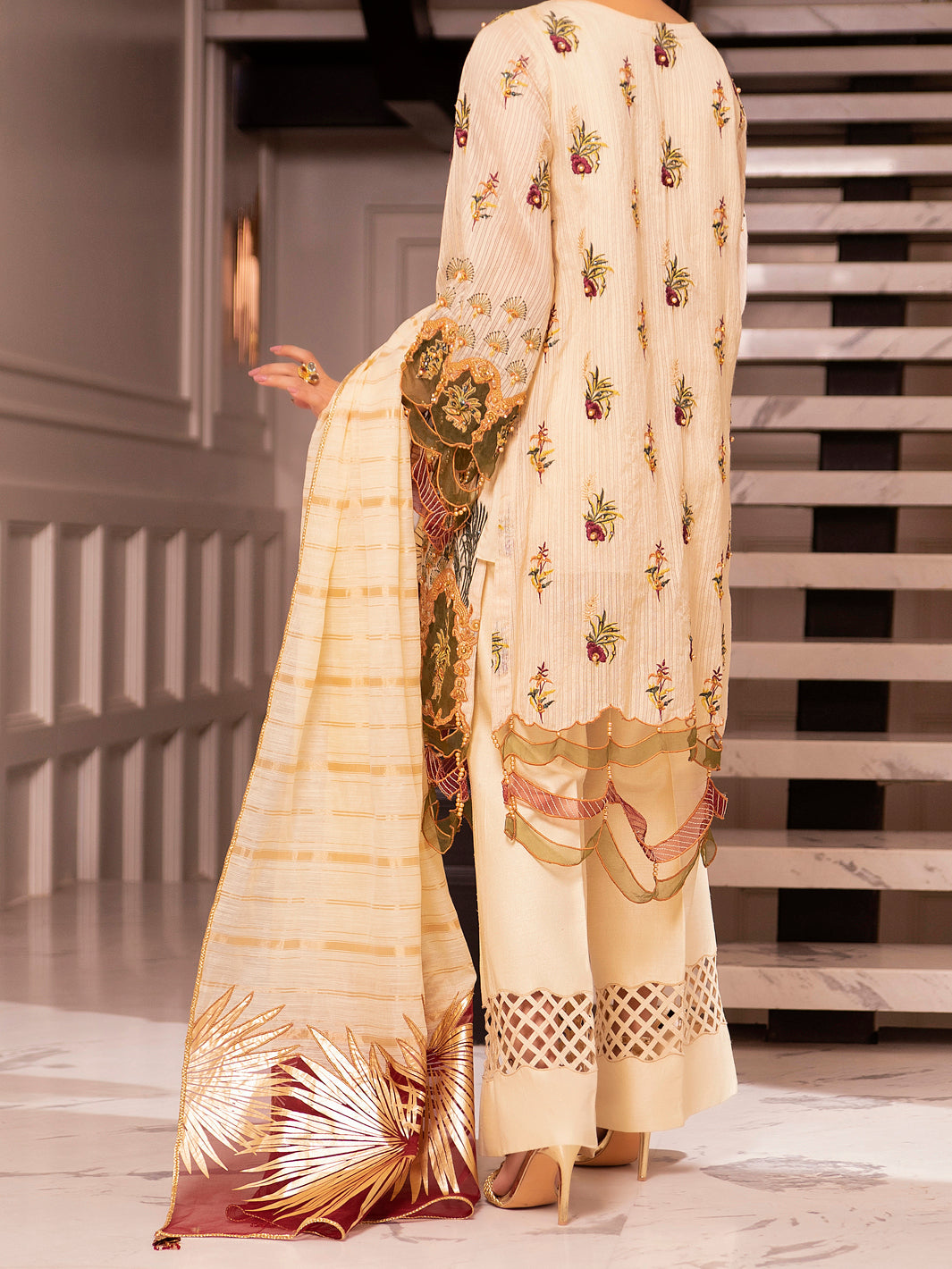 Beige Khaddi Net 3Pc Formal Unstitched - AL-3PS-LS-UN-346