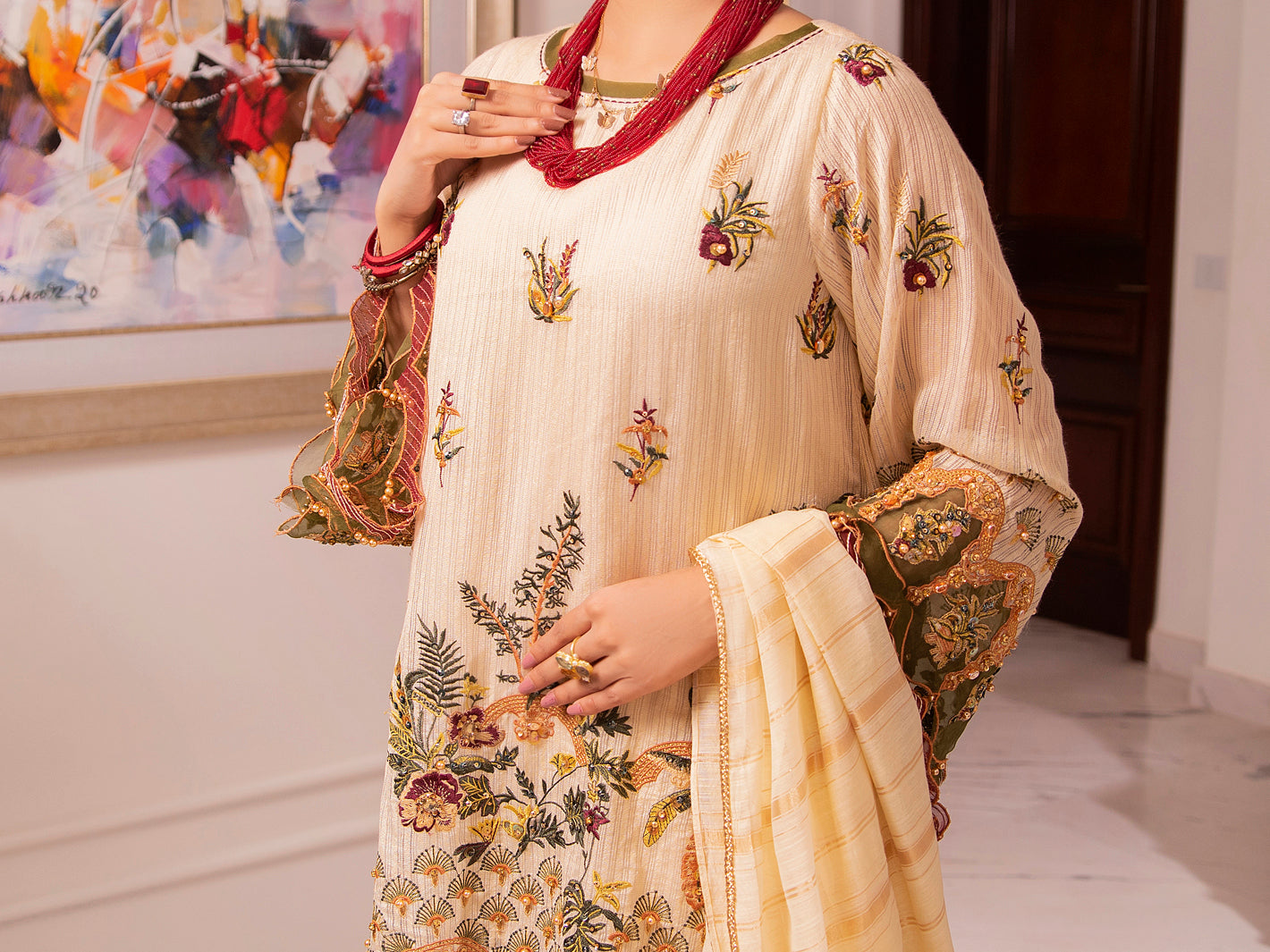 Beige Khaddi Net 3Pc Formal Unstitched - AL-3PS-LS-UN-346