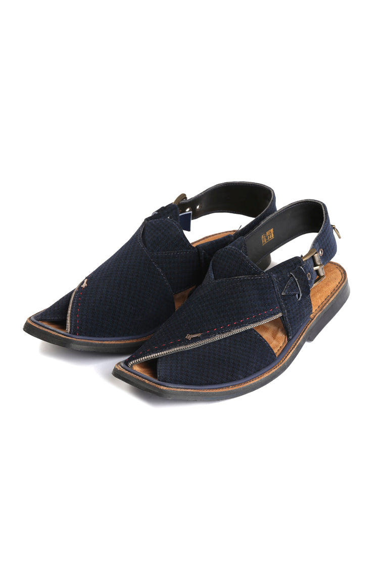 Dark Blue Leather Peshawari Chappal - AL-MFW-FB-048