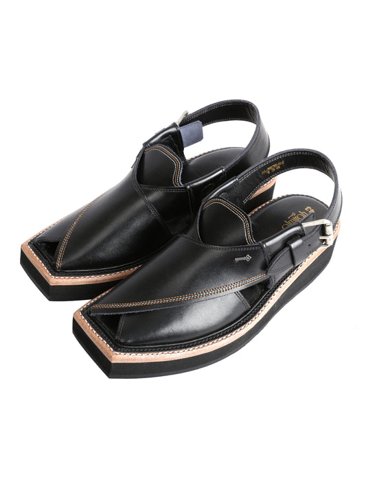 Black Leather Kaptaan Chappal - AL-MFW-HCK-138