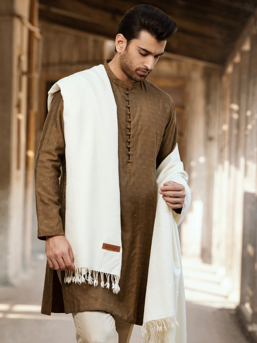 Cream Blended Shawl For Men - AL-SH-007