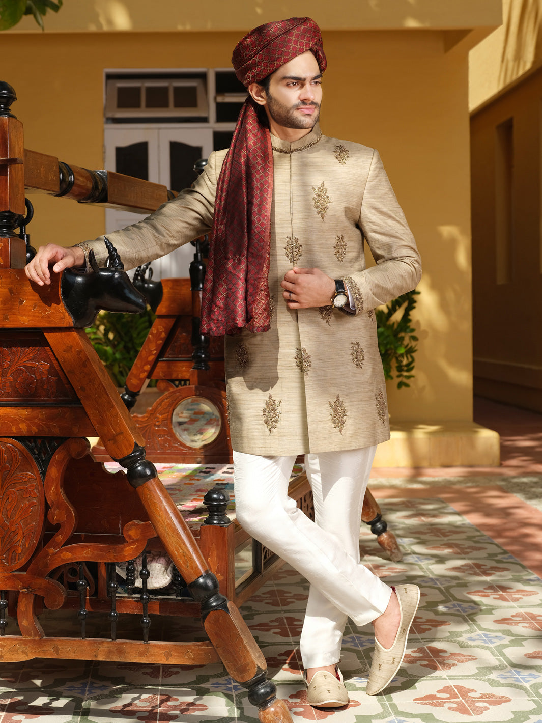 Fawn Blended Sherwani - AL-SW-111 - Almirah Online