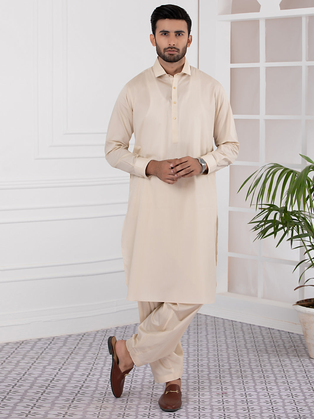 Cream Cotton Kameez Shalwar - ALWA-KS-335