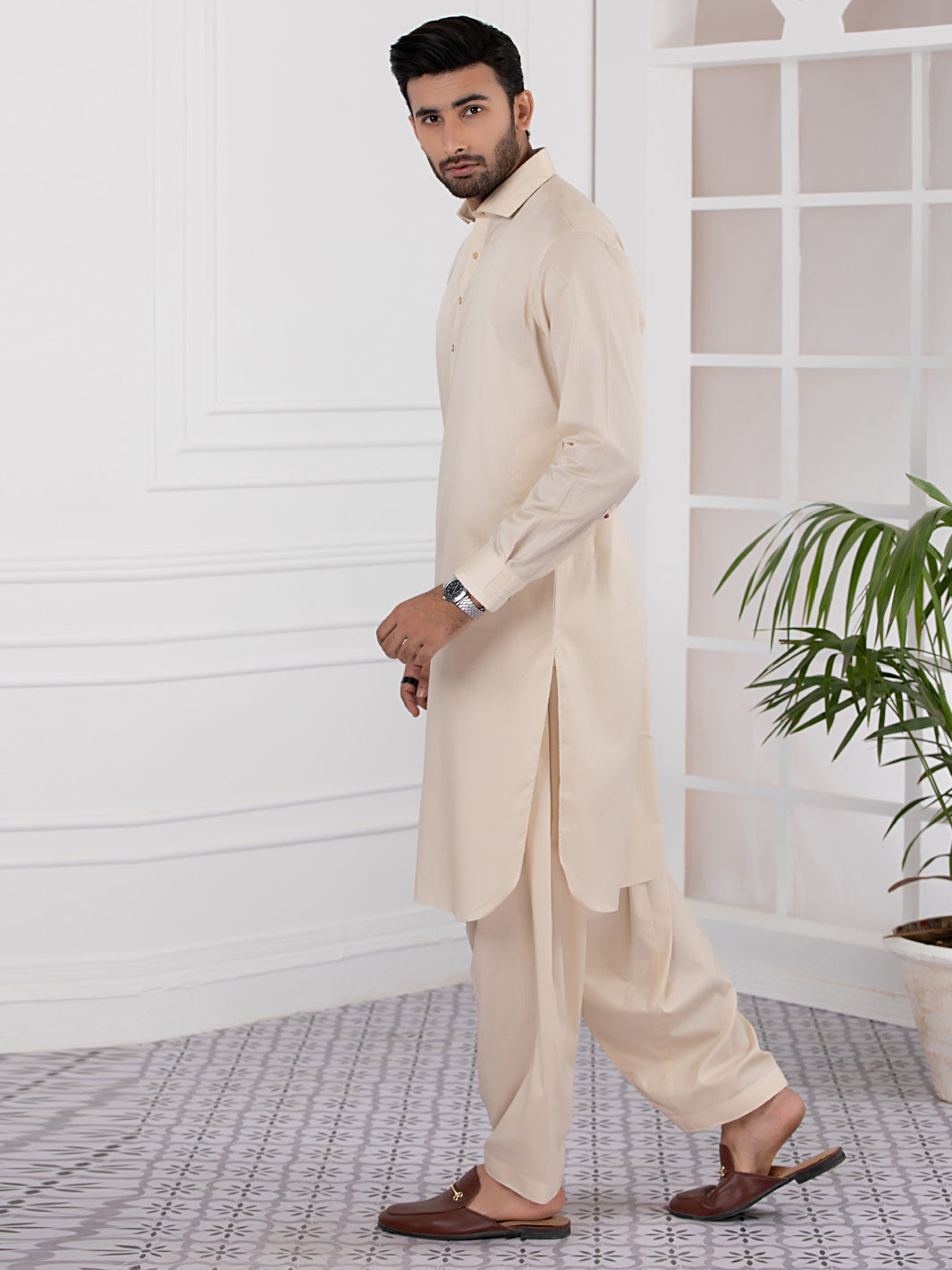 Cream Cotton Kameez Shalwar - ALWA-KS-335