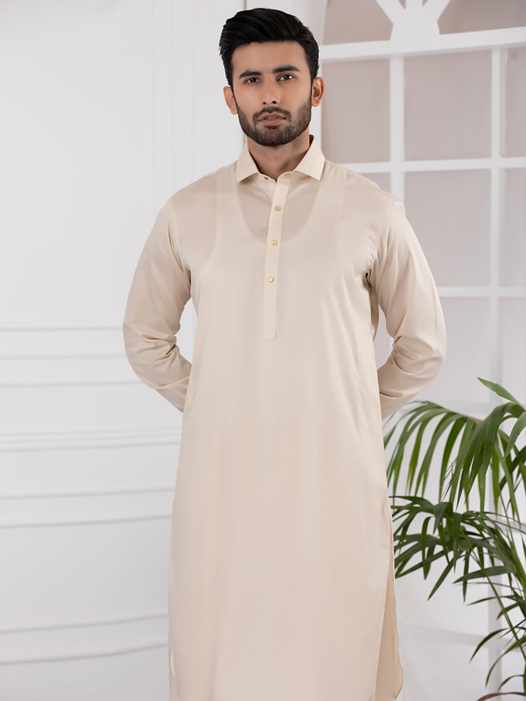 Cream Cotton Kameez Shalwar - ALWA-KS-335