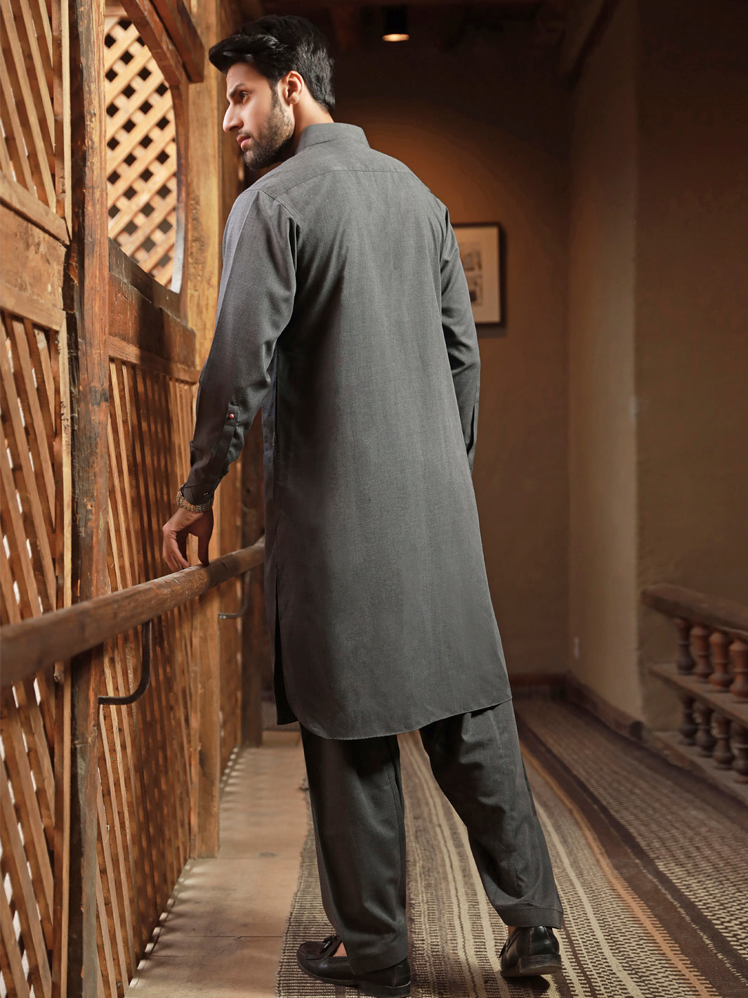 Charcoal Grey Blended Kameez Shalwar - ALWA-KS-314