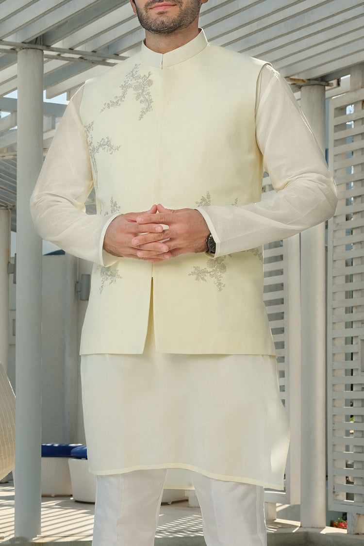 Light Yellow Khaddar Waistcoat - AL-WC-314