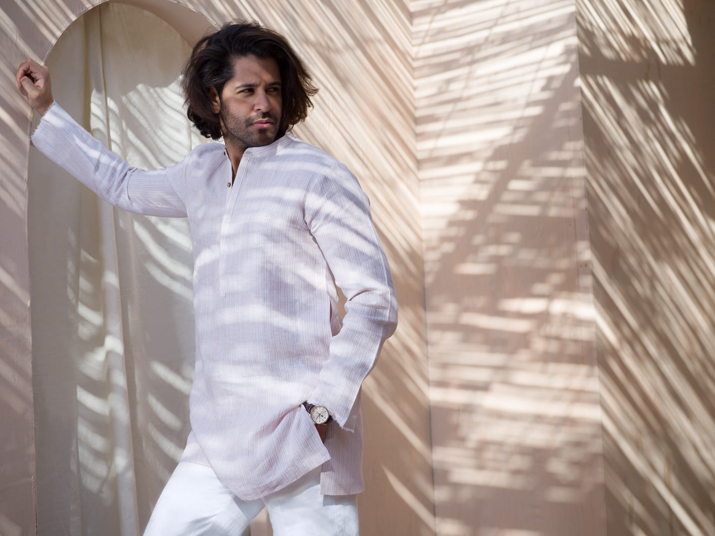 Pink Pin Striped Linen Short Kurta - ALCR-K-001 - Almirah Online