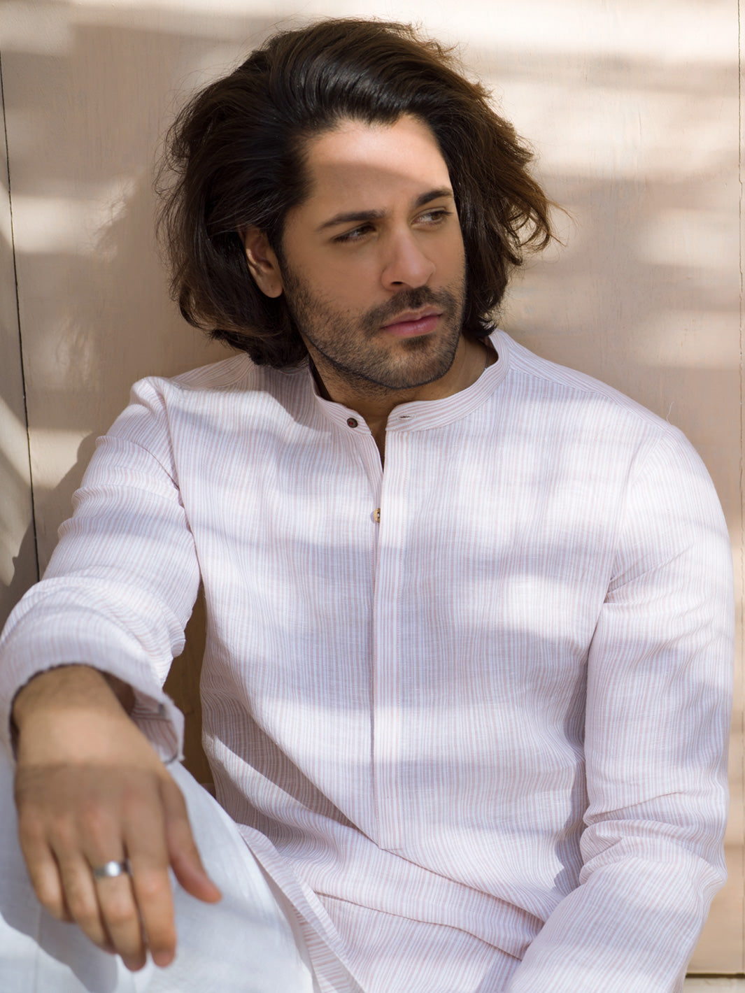 Pink Pin Striped Linen Short Kurta - ALCR-K-001 - Almirah Online