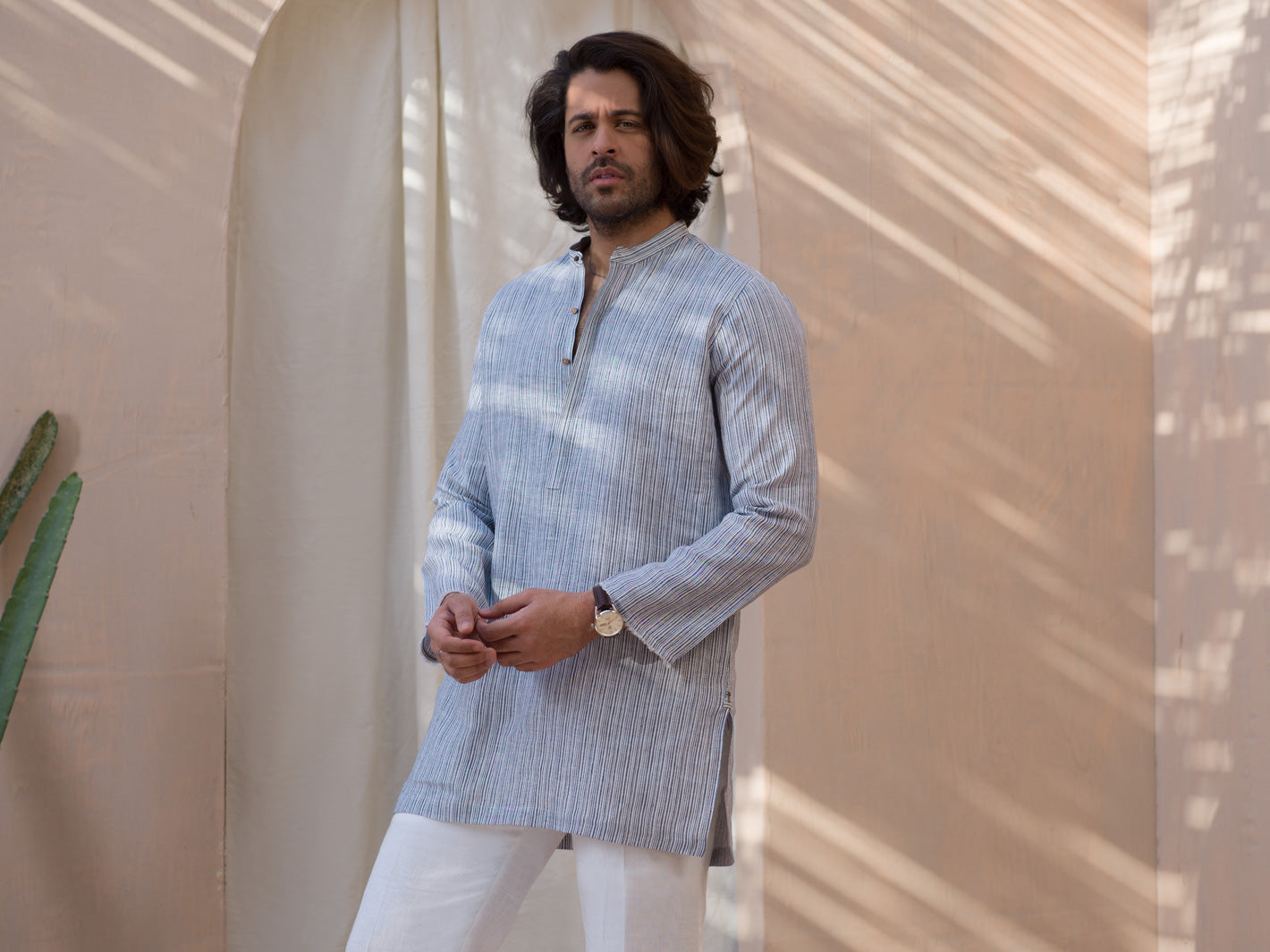 Grey Pin Striped Linen Short Kurta - ALCR-K-002 - Almirah Online