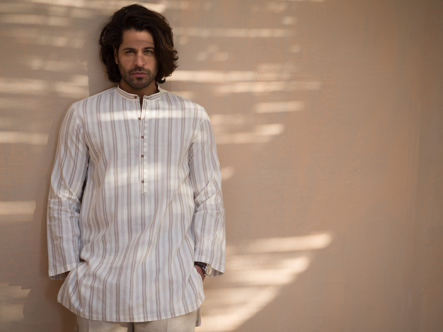 Brown & White Striped Linen Short Kurta - ALCR-K-003 - Almirah Online