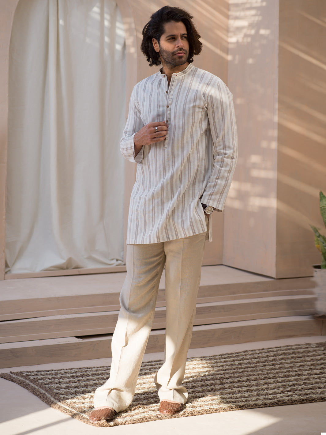 Brown & White Striped Linen Short Kurta - ALCR-K-003 - Almirah Online