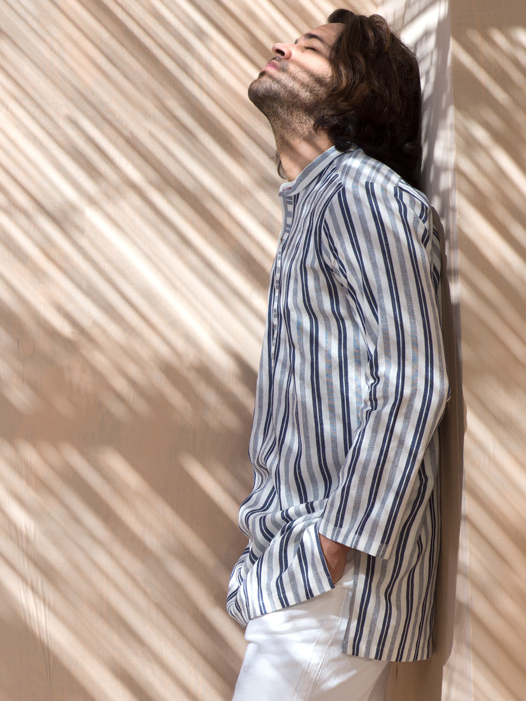 Blue & White Striped Linen Short Kurta - ALCR-K-004 - Almirah Online