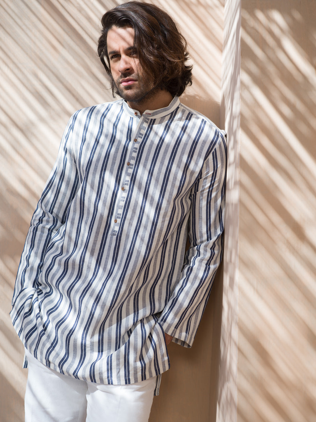 Blue & White Striped Linen Short Kurta - ALCR-K-004 - Almirah Online