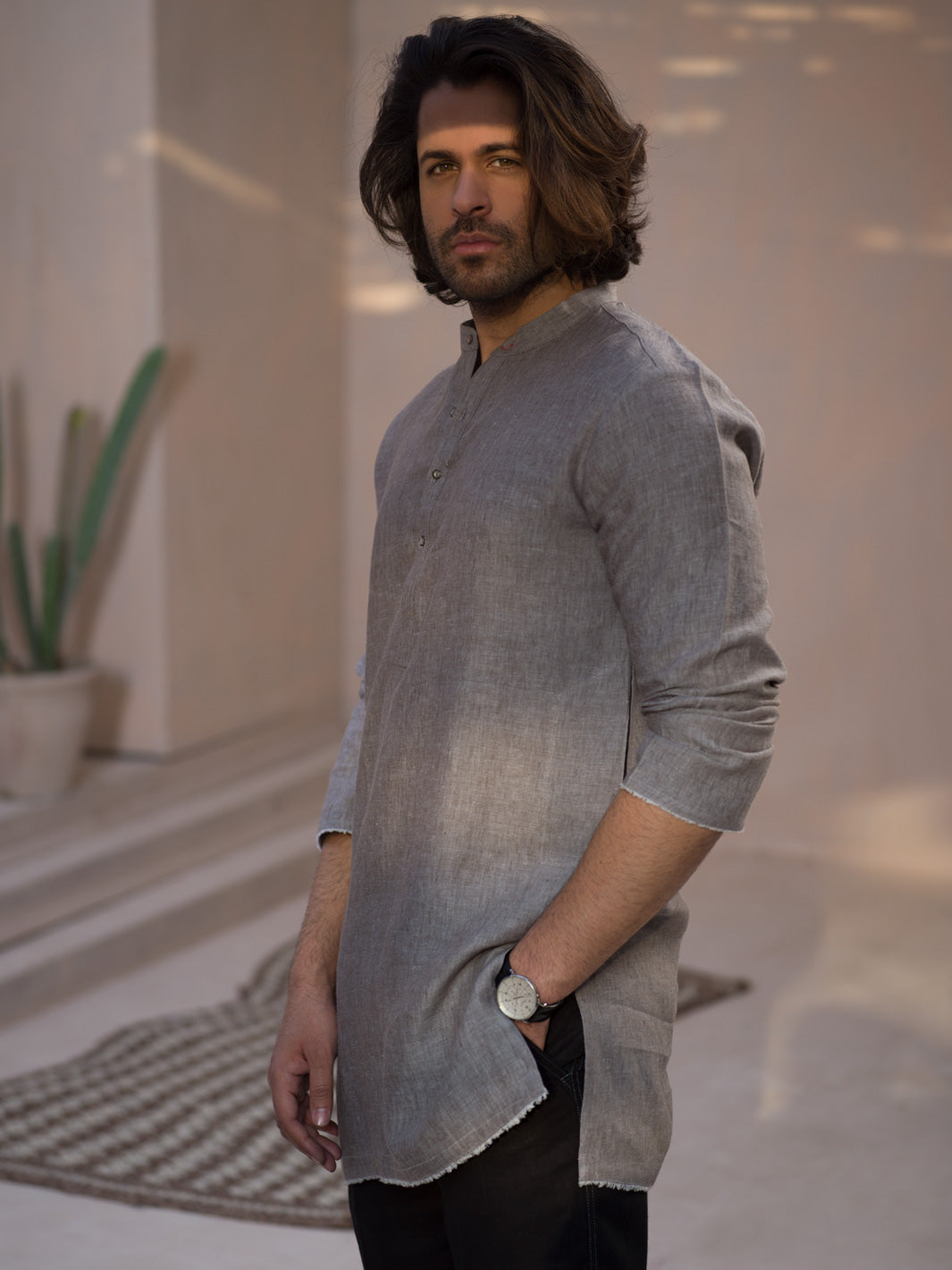 Grey Yarn Dyed Short Kurta - ALCR-K-005 - Almirah Online