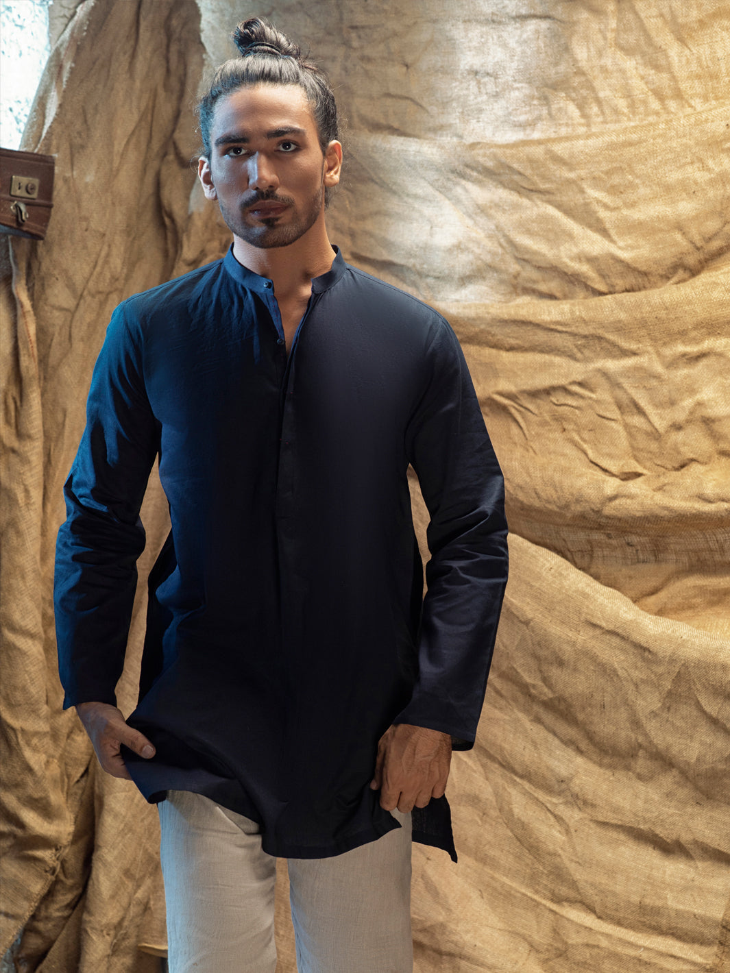 Indigo Blue Linen Short Kurta - ALCR-K-013 - Almirah Online