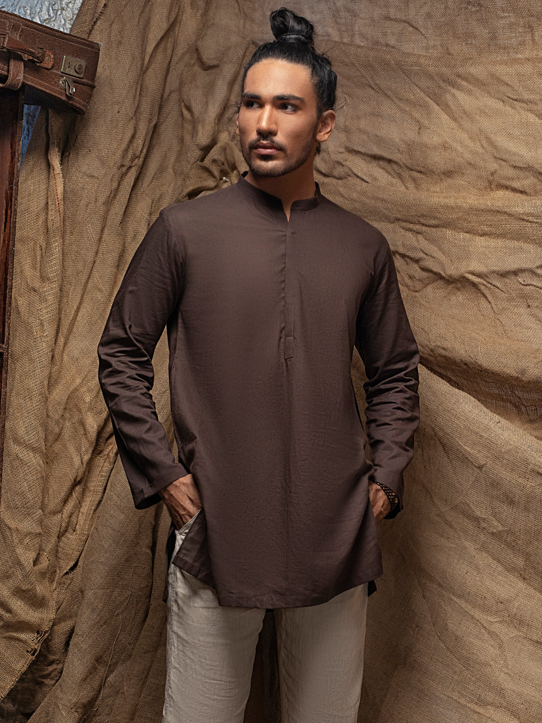 Brown Linen Short Kurta - ALCR-K-016 - Almirah Online