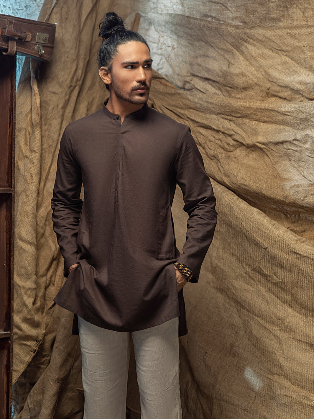 Brown Linen Short Kurta - ALCR-K-016 - Almirah Online