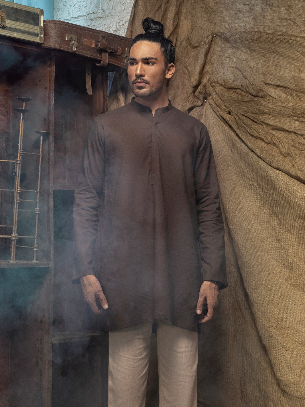 Brown Linen Short Kurta - ALCR-K-016 - Almirah Online