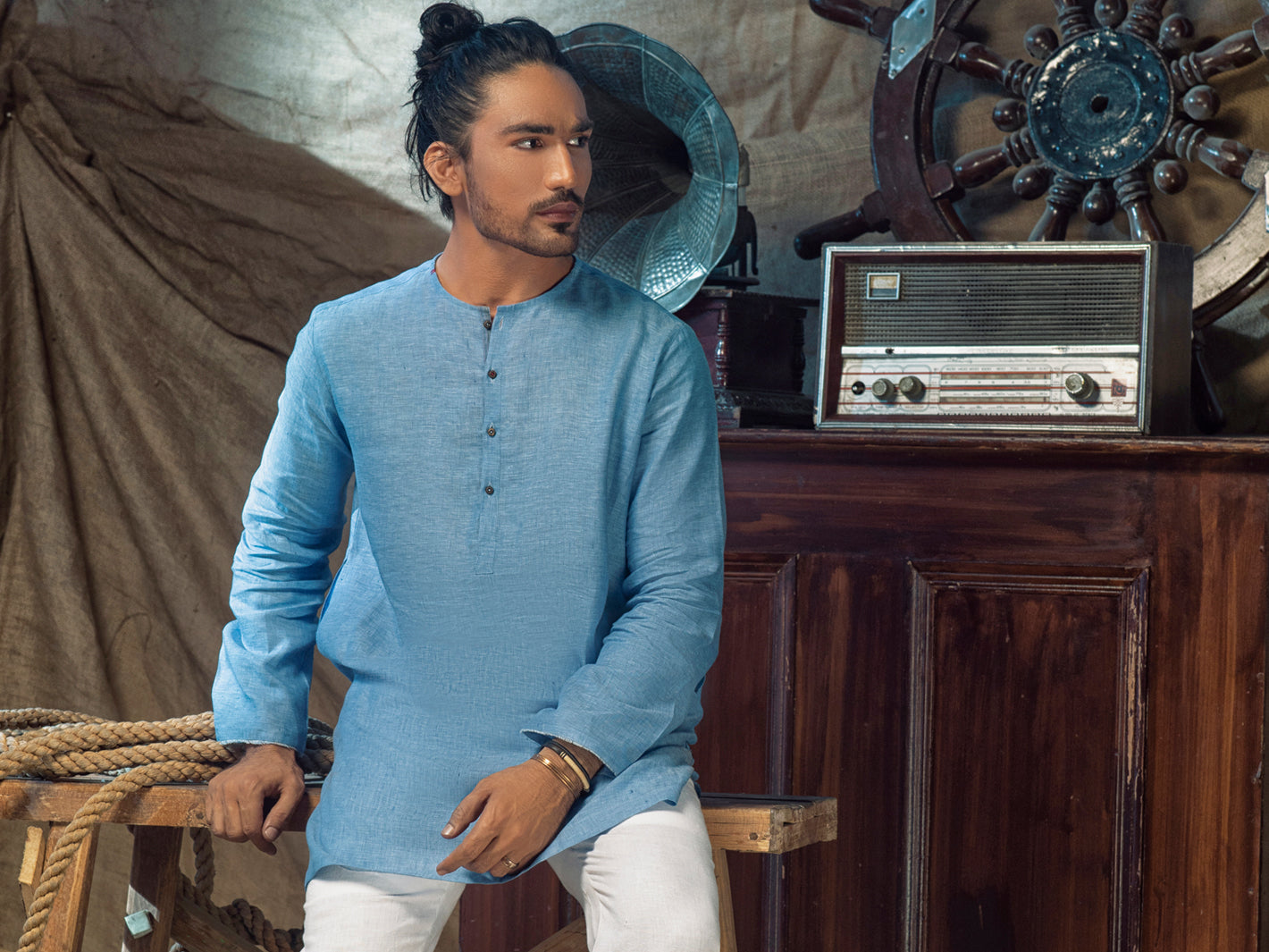 Blue Linen Short Kurta - ALCR-K-019 - Almirah Online