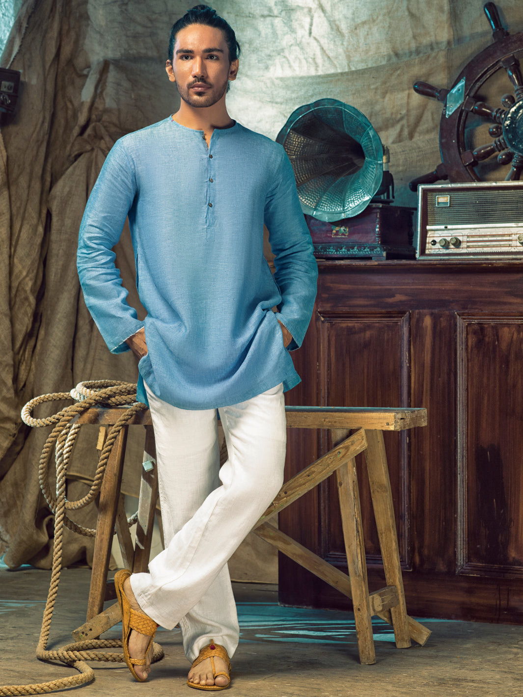 Blue Linen Short Kurta - ALCR-K-019 - Almirah Online