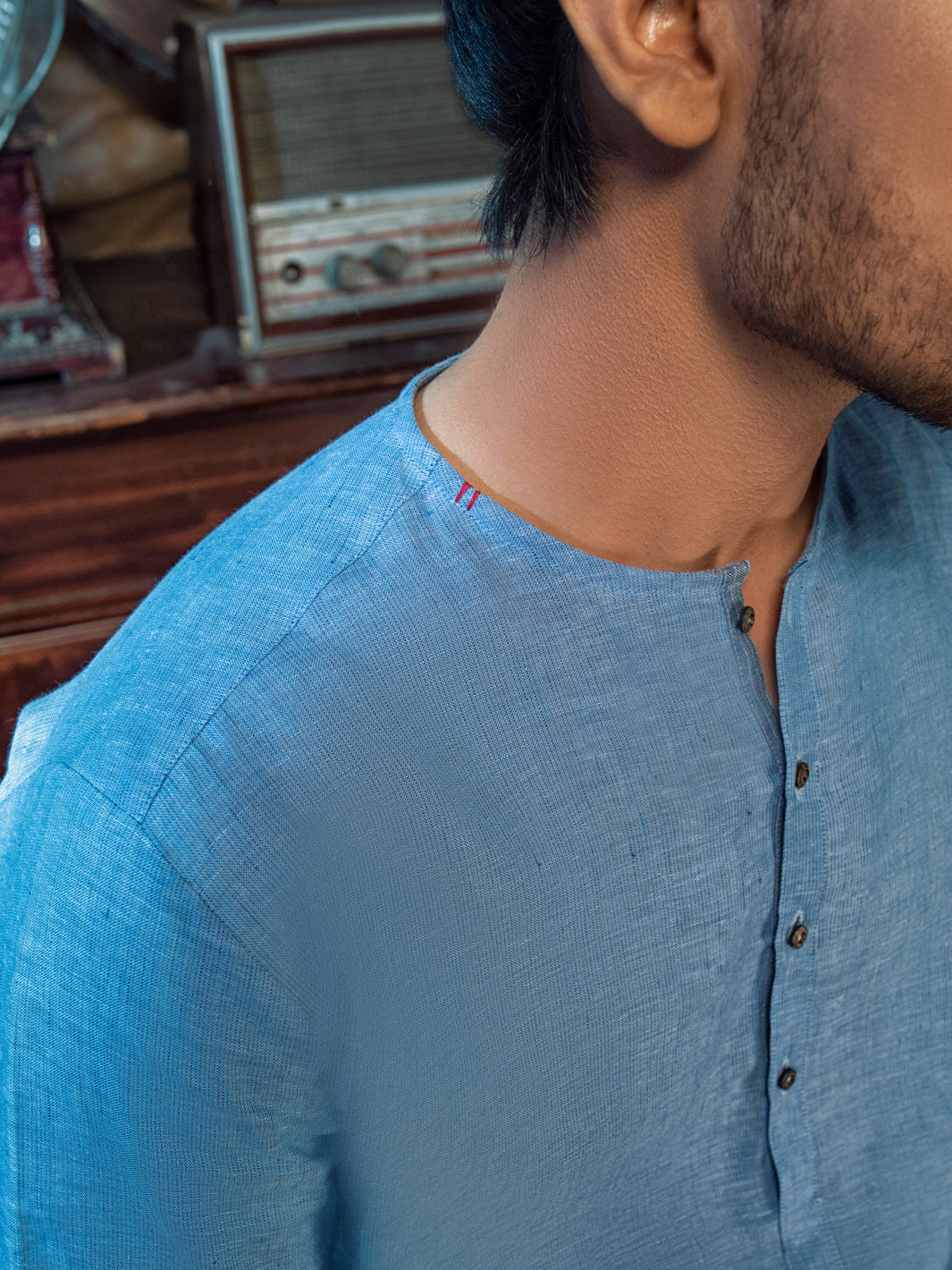 Blue Linen Short Kurta - ALCR-K-019 - Almirah Online