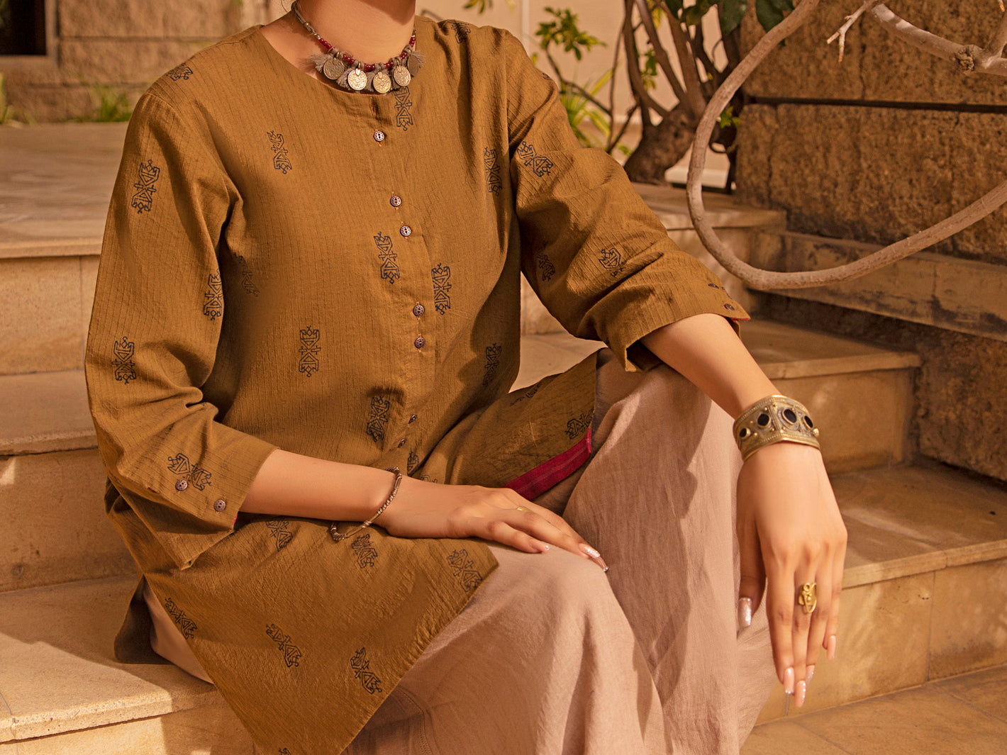 Brown Linen Tunic - ALCR-LK-1035 - Almirah Online