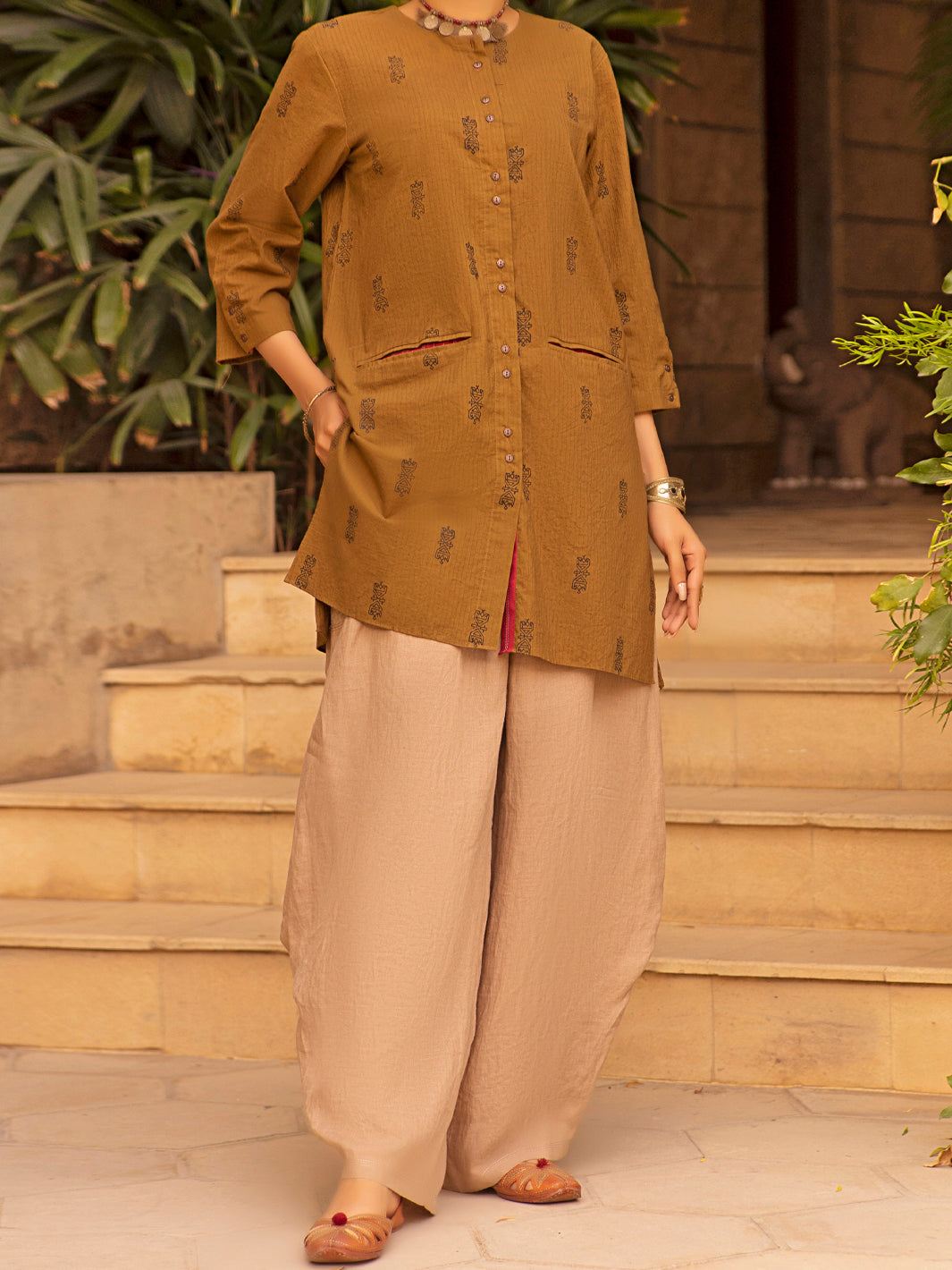 Brown Linen Tunic - ALCR-LK-1035 - Almirah Online
