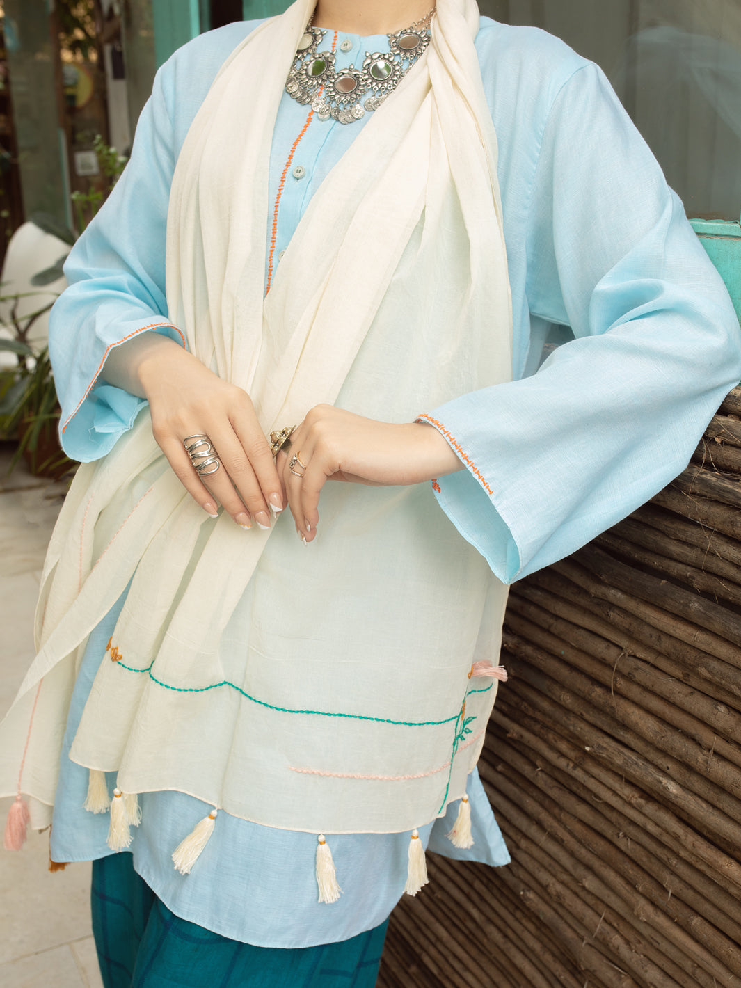 Off White Swiss Voile Women Stole - ALCR-ST-1039