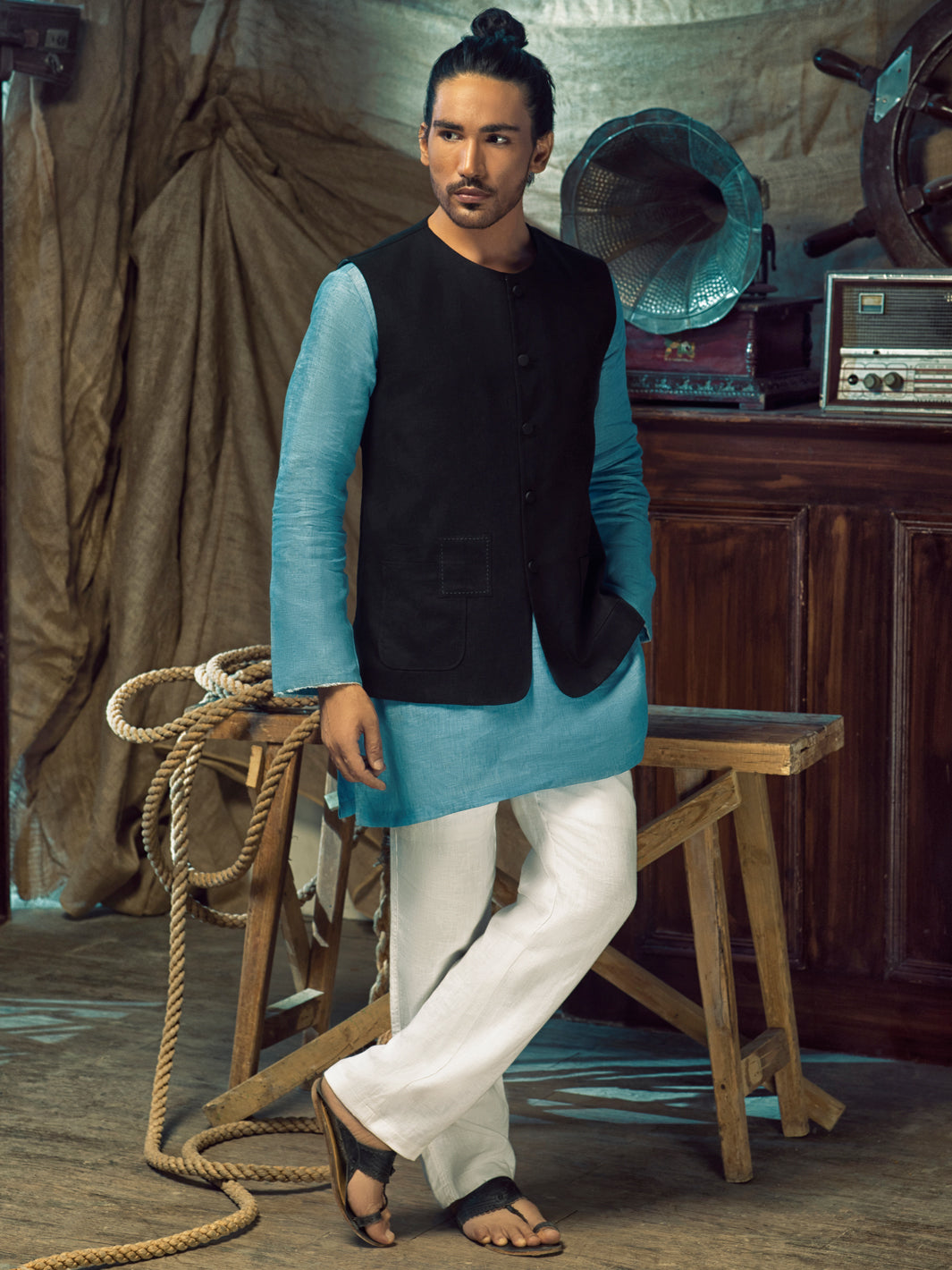 Black Linen Cotton Waistcoat - ALCR-WC-004 - Almirah Online