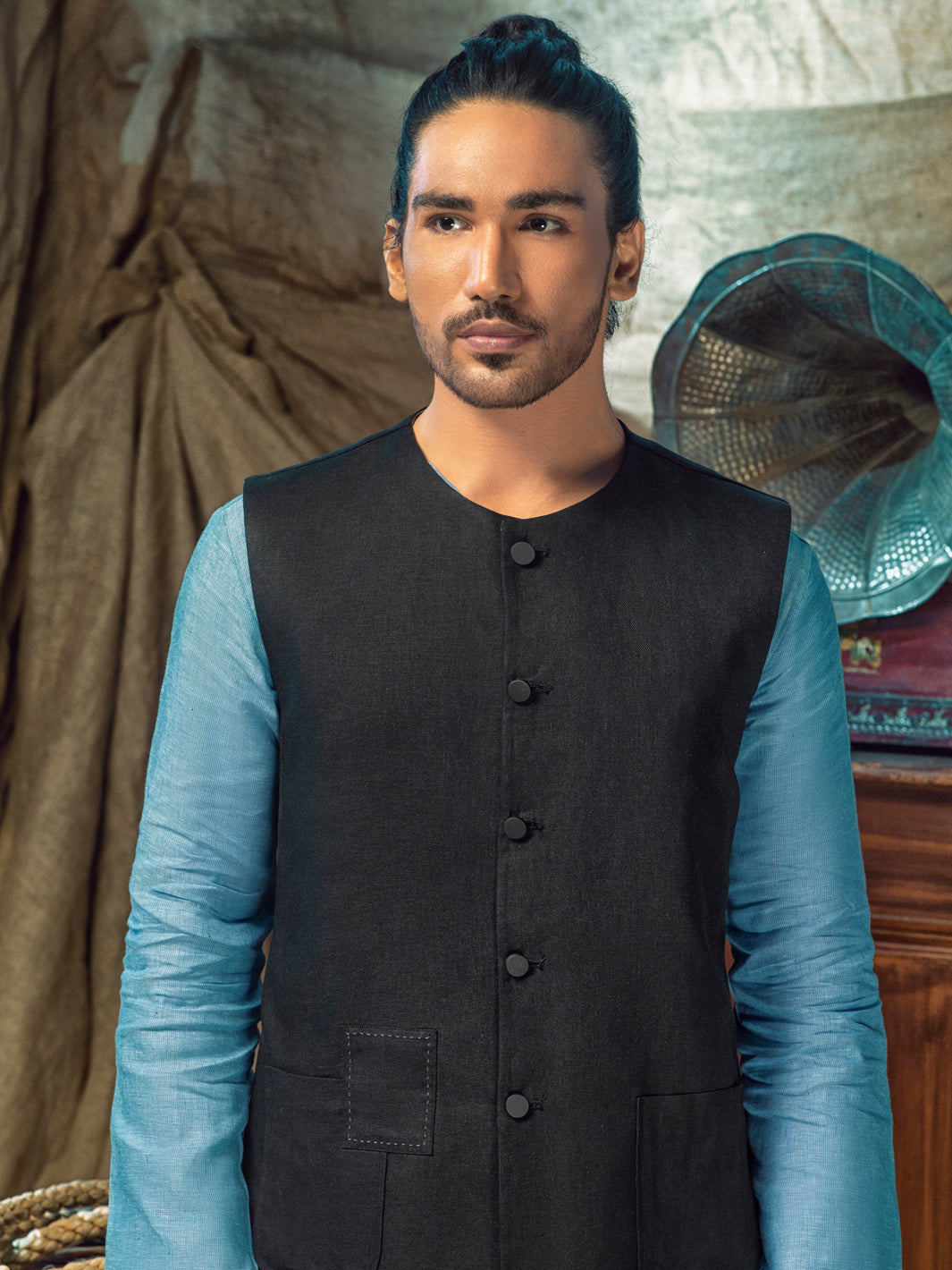 Black Linen Cotton Waistcoat - ALCR-WC-004 - Almirah Online