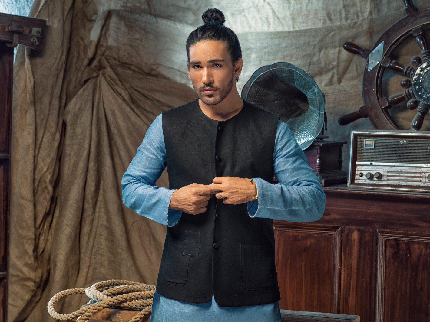 Black Linen Cotton Waistcoat - ALCR-WC-004 - Almirah Online