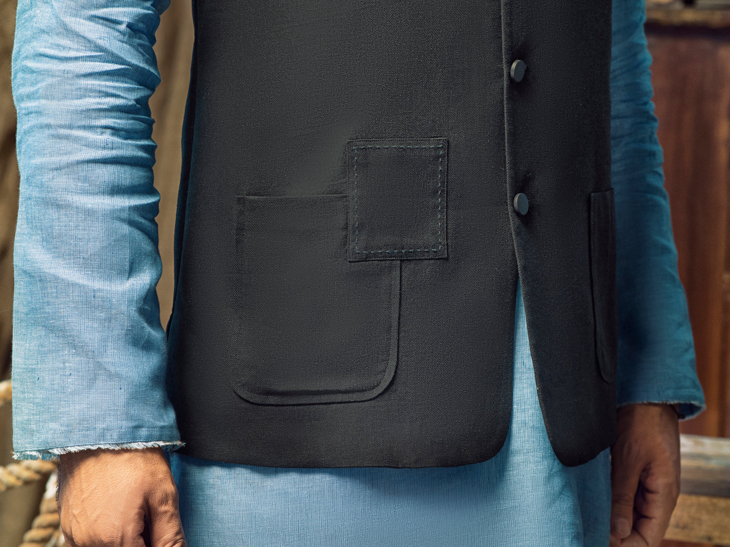 Black Linen Cotton Waistcoat - ALCR-WC-004 - Almirah Online