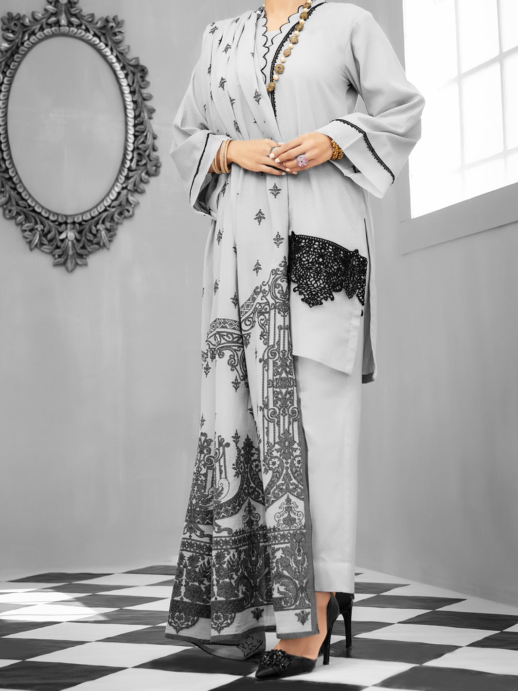 Grey Cotton Dobby 3Pc Unstitched - ALP-1028