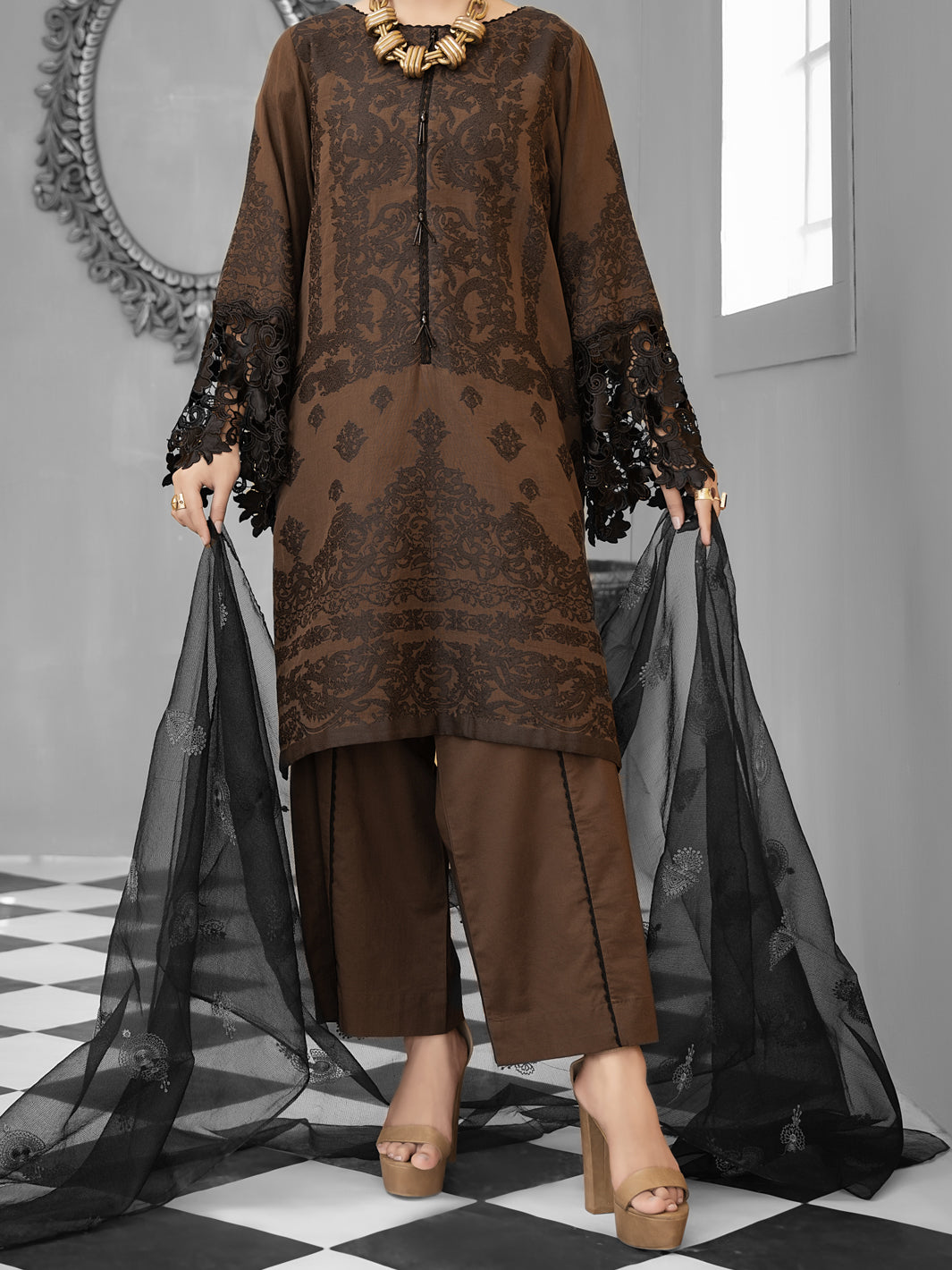 Black Jacquard 3 Piece Unstitched - ALP-1030