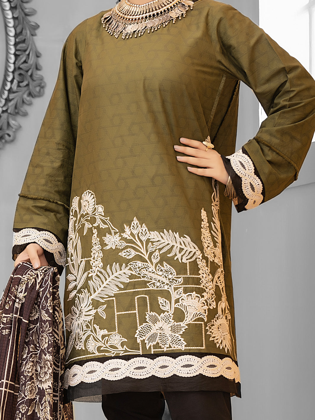 Olive Green Cambric 2 Piece Stitched - ALP-1031