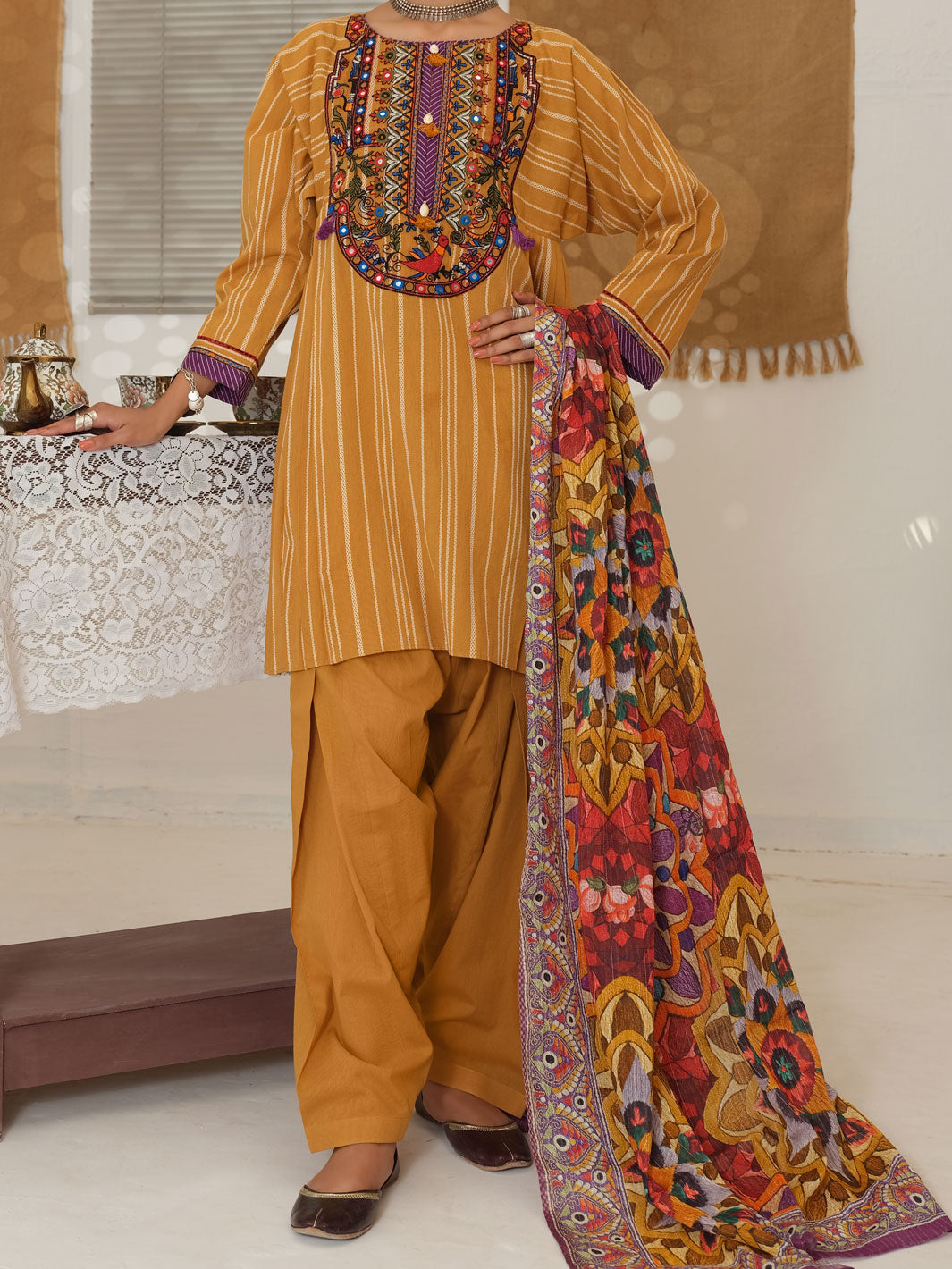 Mustard Yarn Dyed Jacquard 3Pc Unstitched - ALP-3PS-1049