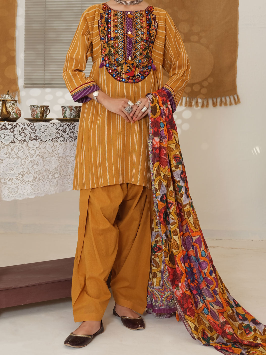 Mustard Yarn Dyed Jacquard 3Pc Stitched - ALP-3PS-1049/S