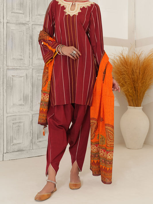 Maroon Jacquard 3Pc Unstitched - ALP-3PS-1052