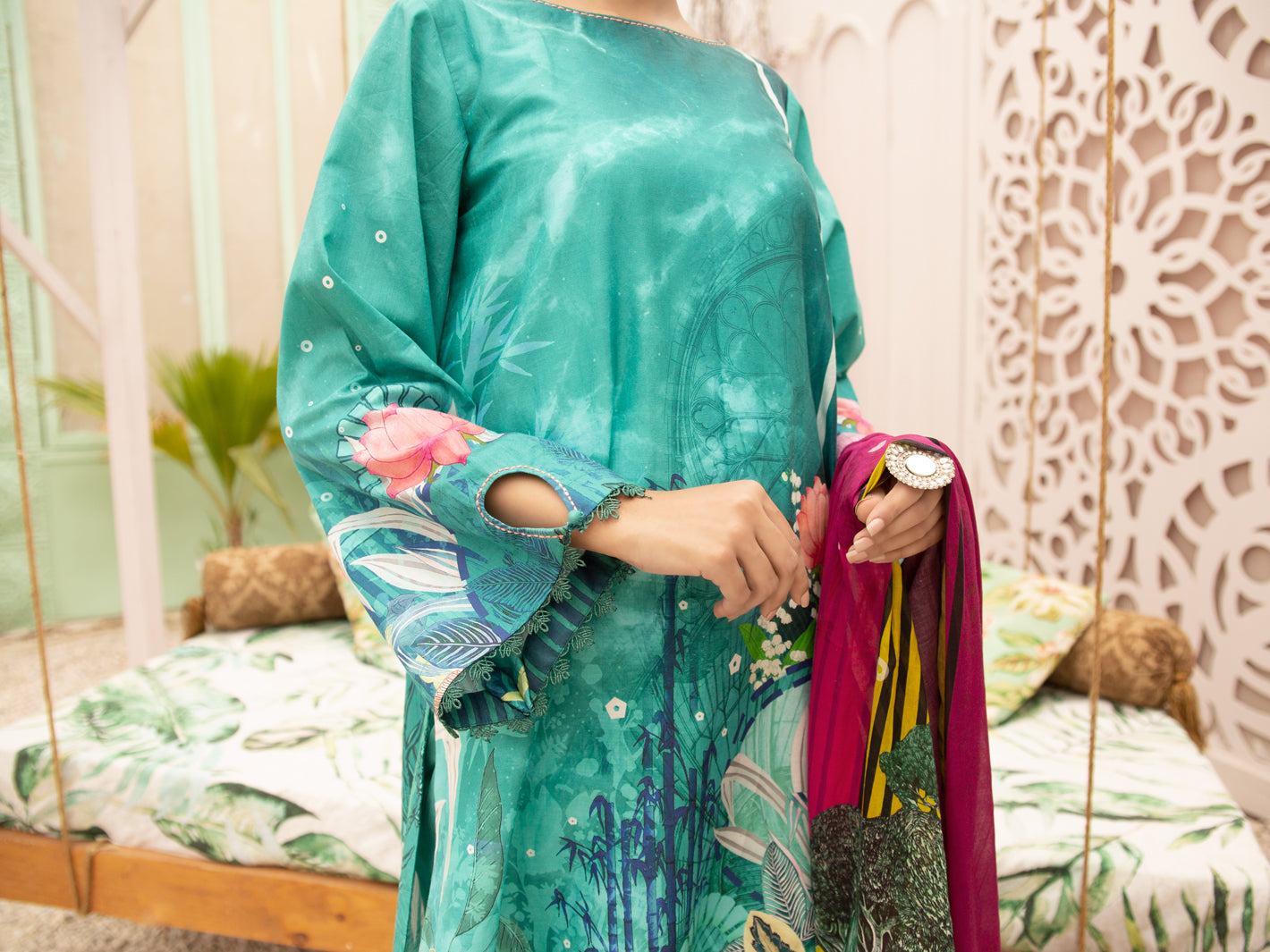 Teal Cambric 3Pc Stitched - ALP-3PS-1186