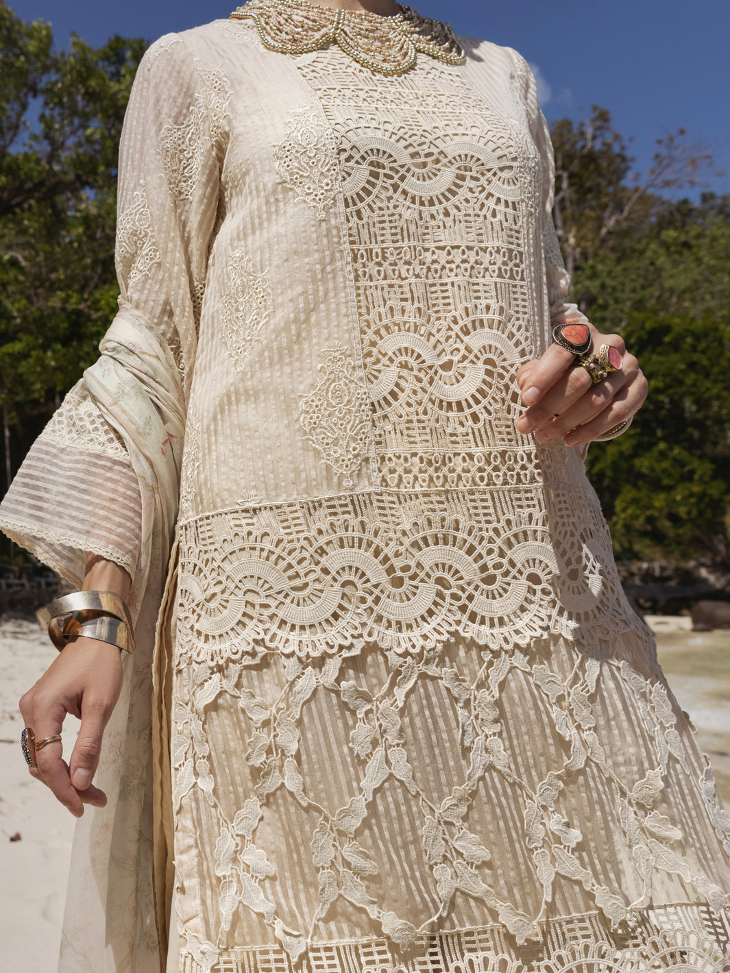 Off White Khaddi Net 3 Piece Unstitched - ALP-3PS-1270